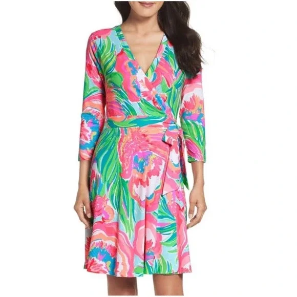 Lilly Pulitzer Emilia Wrap Dress Paradise Bound Beach Stretch Floral Sz S - Picture 1 of 7